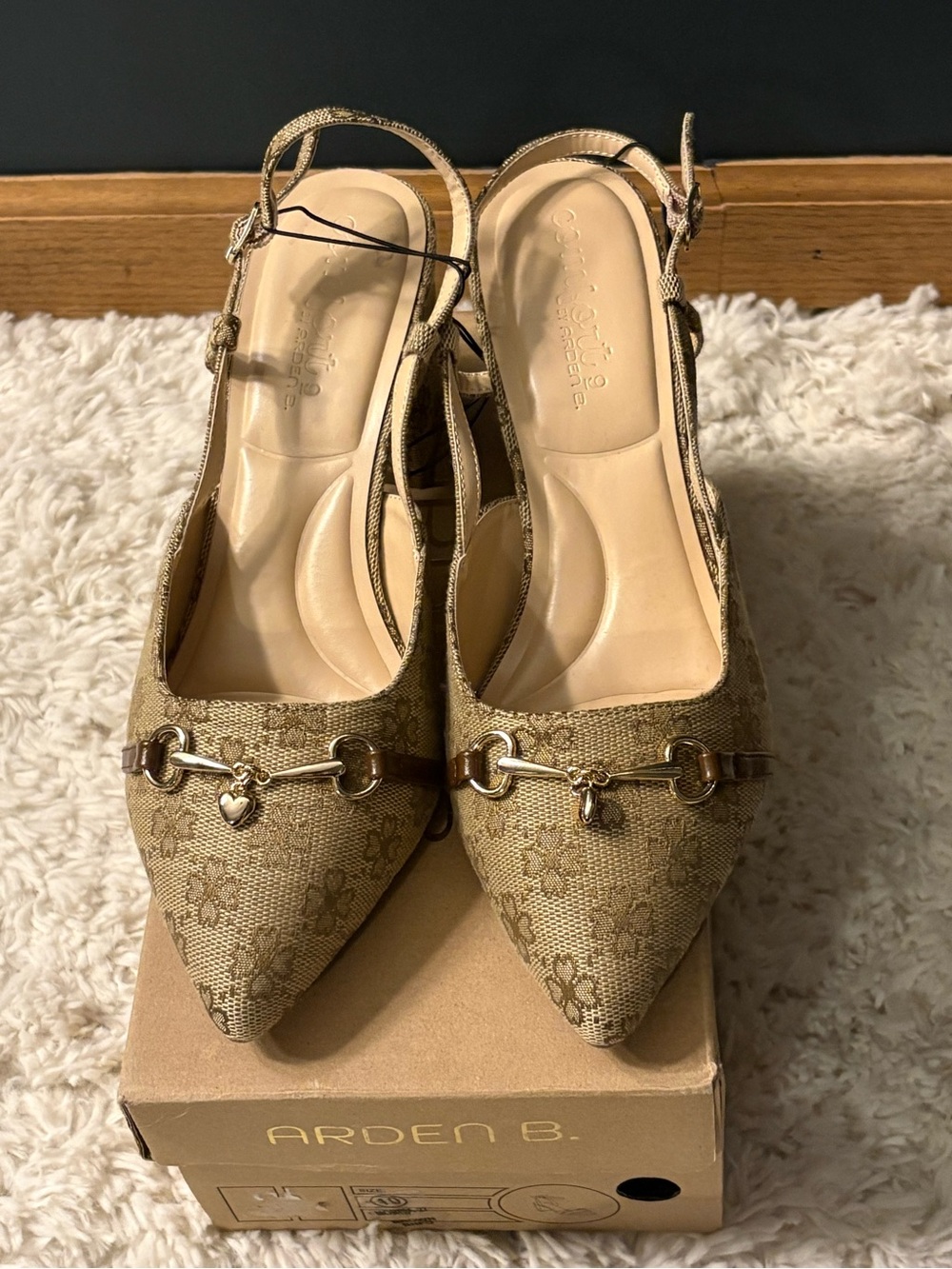 Arden B Monogram Pointed Toe Slingback Block Heels Gold Heart Charm